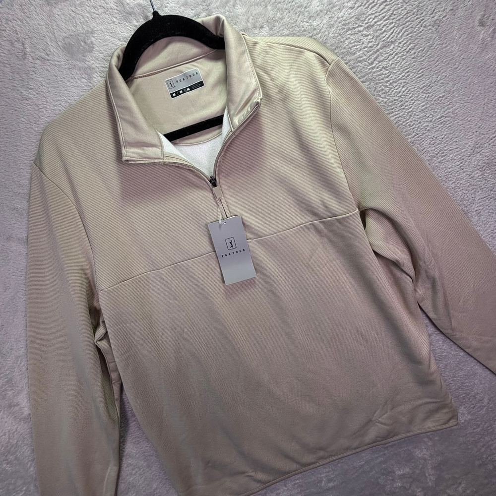 NWT PGA Tour Mens Quarter Zip Pullover Med Feather Gray Heather Performance Golf